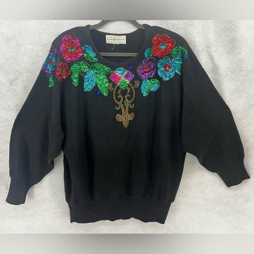 OS Vtg 80s Rainbow Sequin Batwing Oversized Pride Sweater Maggie Lawrence C19‎
